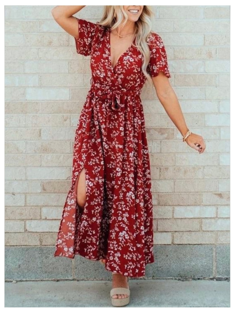 NWT MISS SPARKLING Flowy Short Sleeve V-Neck Maxi Dress-Brick Red Floral SMALL